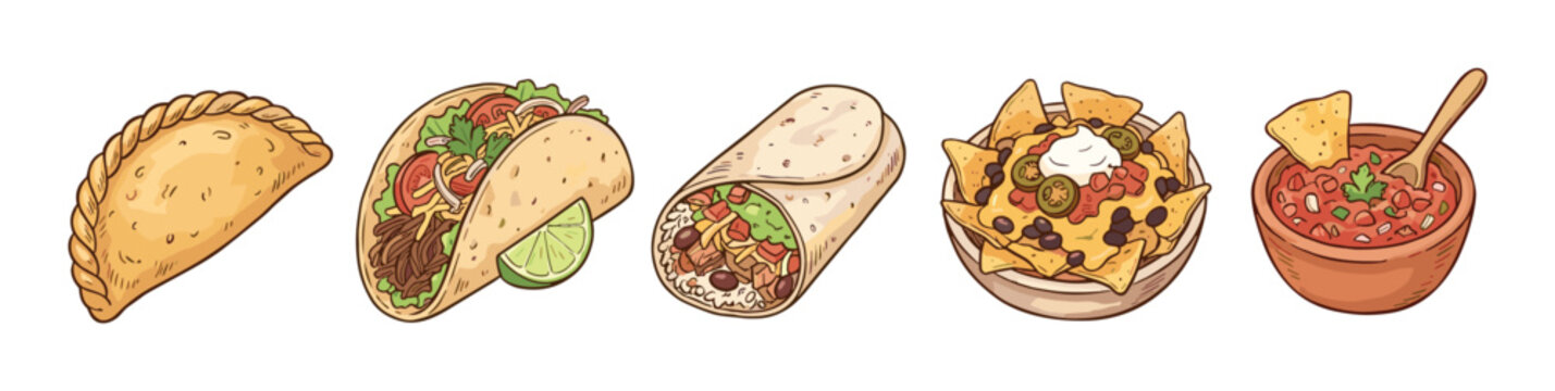 Delicious Mexican food items illustration set featuring popular dishes like tacos, burritos, nachos, empanadas, and salsa, presented in a vibrant cartoon style.
