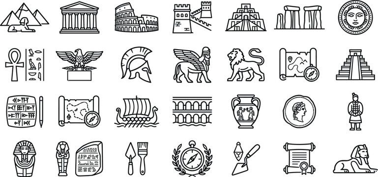 Ancient civilization icons and historical archaeology line art collection featuring landmarks like pyramids, colosseum, sphinx, and ancient greek architecture.