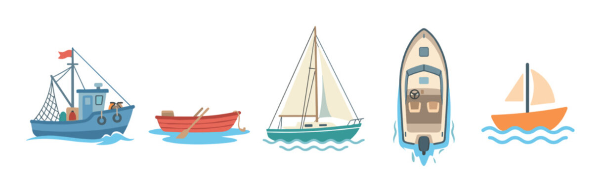 Various cartoon boats and ships floating on blue waves, representing different types of marine transportation and leisure activities.