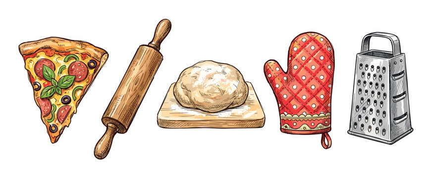 Kitchen cooking and baking tools and ingredients, such as a pizza slice, rolling pin, dough, oven mitt, and grater, presented in a colorful hand-drawn style.