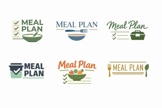 Creating healthy meal plans for nutrition and diet, diverse logos and icons representing food preparation and daily eating routines