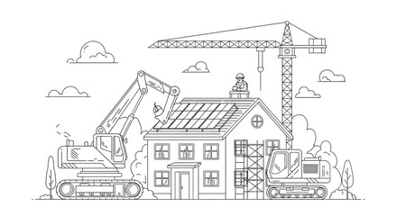 Naklejka premium Sustainable Construction Site Line Art Illustration with Excavator Installing Solar Panels on Residential House Roof and Tower Crane
