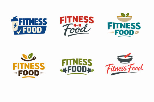 Fitness food logos collection with shaker, dumbbell, leaves, and fork symbols for healthy lifestyle and diet brands