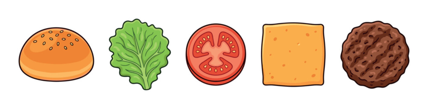 Burger ingredients including bun, lettuce, tomato, cheese, and patty are arranged in a row, ready to be assembled into a delicious meal.