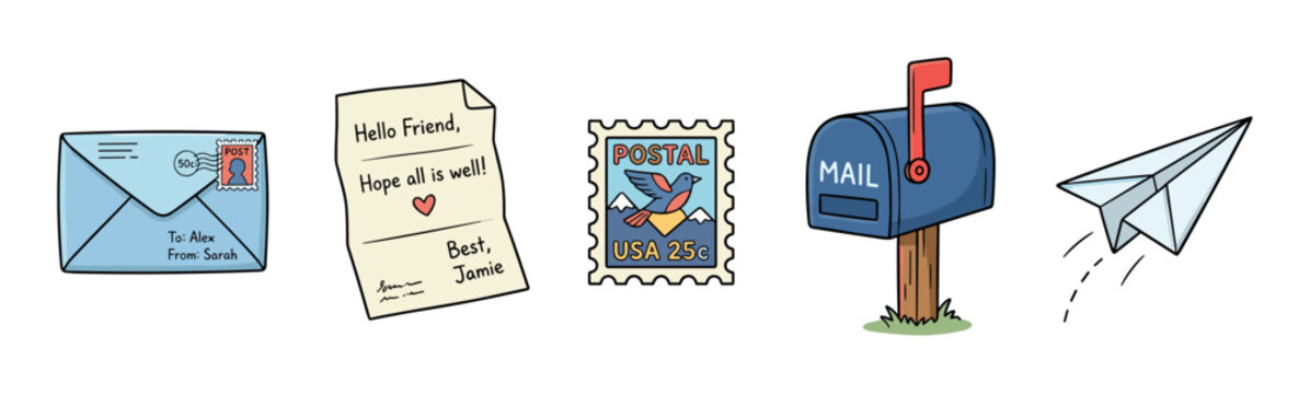 Various mail objects including an envelope, a letter, a postage stamp, a mailbox, and a paper airplane are depicted in a charming cartoon style.