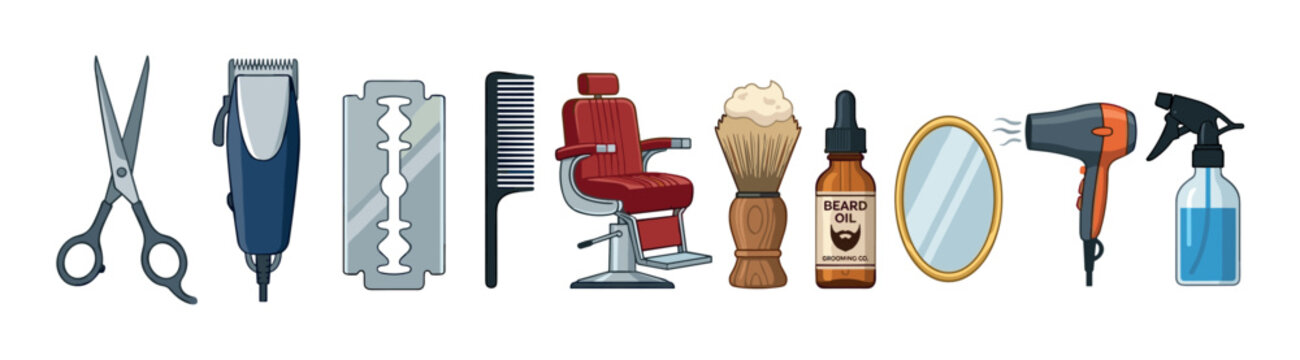 Barber shop tools and hairdressing equipment set for professional grooming services and styling, including scissors, clippers, and a barber chair.
