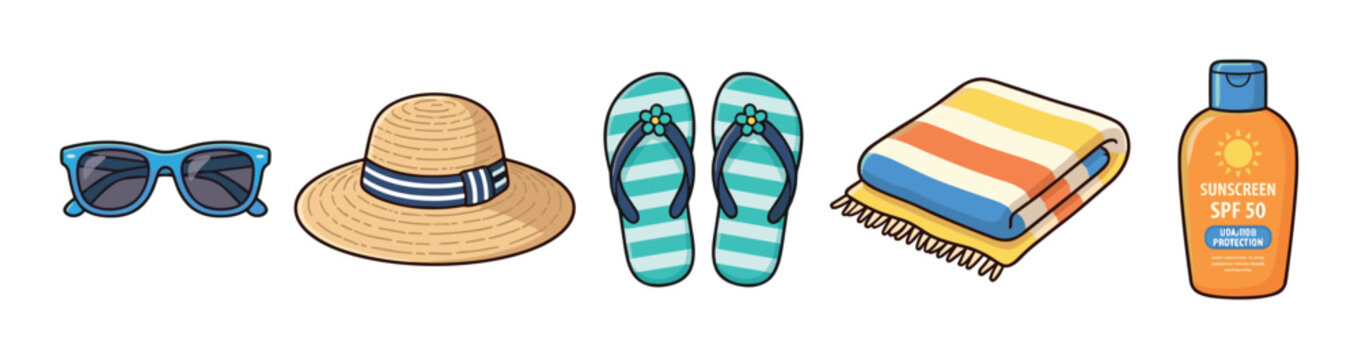 Summer beach vacation essentials collection featuring sunglasses, a straw hat, flip-flops, a striped towel, and sunscreen for a sunny holiday.