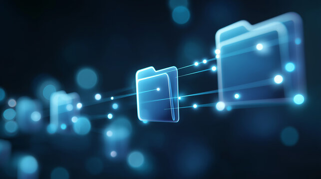 Holographic blue computer folders moving through digital space. Data transfer and file management concept. Archiving electronic documents in virtual network storage system for business.