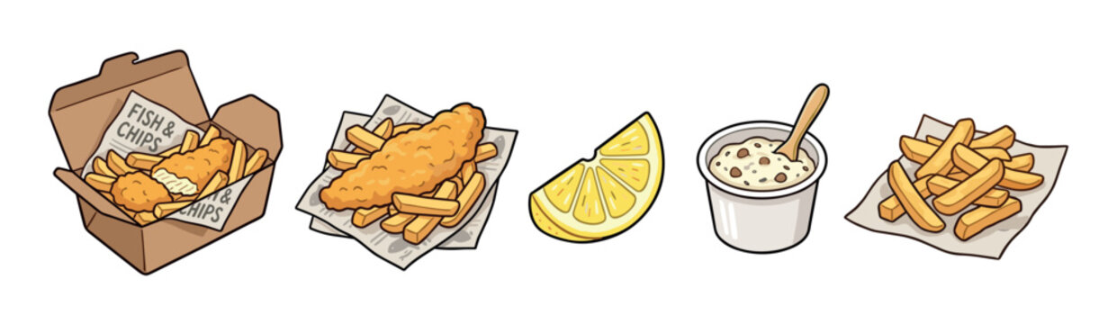 Classic fish and chips meal elements presented in a delightful cartoon style illustration featuring fried fish, golden french fries, a lemon wedge, and tartar sauce.