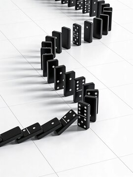 Complete black domino piece bending backwards to avoid falling with vast white copy space