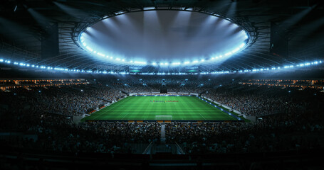 Professional Stadium With Football Game Championship Opening Ceremony. Soccer Teams Line up on the Pitch as Fans Pack the Arena, Creating a Dramatic Pre Match Atmosphere Before Kickoff Begins. © Gorodenkoff