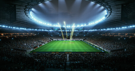 Professional Stadium With Football Game Championship Opening Ceremony. Soccer Teams Gather at Midfield Under Floodlights as Fireworks Rise Above a Packed Arena and Fans Build Suspense Before Kickoff. © Gorodenkoff
