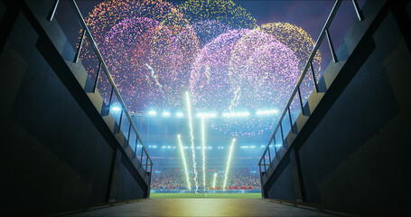 Professional Stadium With Football Game Championship Opening Ceremony. Soccer Teams Line up Beyond the Tunnel as Vivid Fireworks Burst Overhead and Packed Stands Roar With Anticipation Before Kickoff. © Gorodenkoff