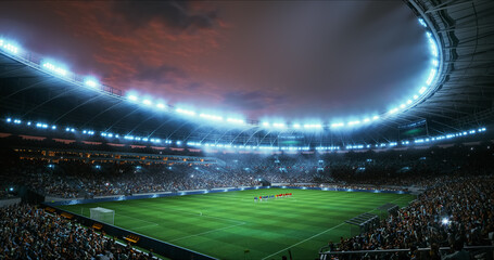 Fototapeta premium Professional Stadium With Football Game Championship Opening Ceremony. Soccer Teams Stand in Formation at Midfield as Floodlights Blaze Over Packed Stands and Fans Build Roaring Pre Kickoff Energy.