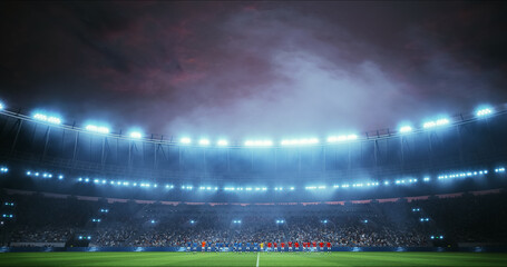 Panoramic Soccer Championship Stadium Scene With Two Men’s Teams Lined up at Midfield Before...
