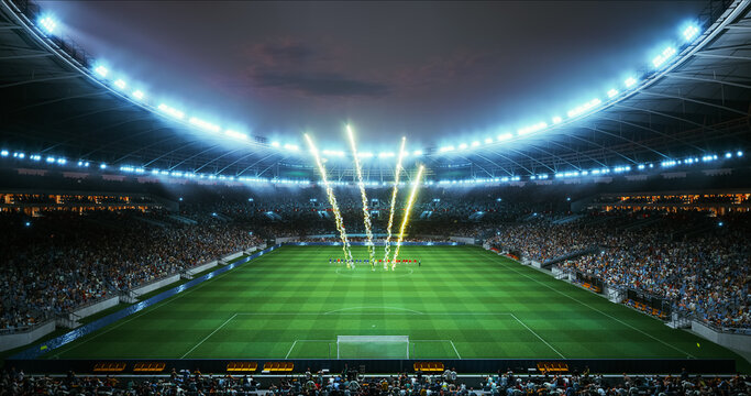Professional Stadium With Football Game Championship Opening Ceremony. Soccer Teams Line up at Midfield While Fireworks Bloom Above Packed Stands and Bright Floodlights Heighten the Pre Match Exciteme
