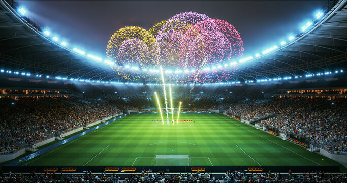 Professional Stadium With Football Game Championship Opening Ceremony. Soccer Teams Assemble at Midfield as Fireworks Bloom Above the Arena and Roaring Supporters Build Electric Pre Match Tension.