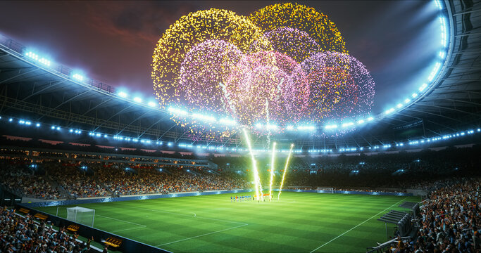 Professional Stadium With Football Game Championship Opening Ceremony. Soccer Teams Line up at Midfield While Fireworks Bloom Above Packed Stands and Bright Floodlights Heighten the Pre Match Exciteme