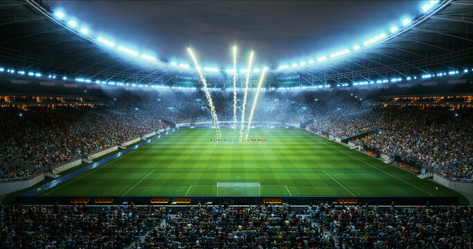 Professional Stadium With Football Game Championship Opening Ceremony. Soccer Teams Line up at Midfield While Fireworks Bloom Above Packed Stands and Bright Floodlights Heighten the Pre Match Exciteme