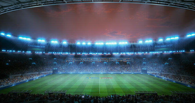 Professional Stadium With Football Game Championship Opening Ceremony. Soccer Teams Line the Center Circle as Floodlights Blaze Above Packed Stands and Fans Build Intense Anticipation Before Kickoff.