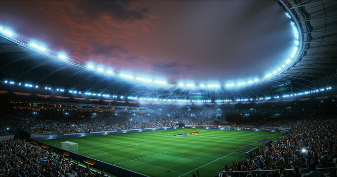 Professional Stadium With Football Game Championship Opening Ceremony. Soccer Teams Stand in Formation at Midfield as Floodlights Blaze Over Packed Stands and Fans Build Roaring Pre Kickoff Energy.