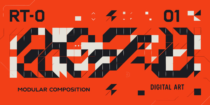 geometric modular composition with bold black and white shapes on orange background high quality professional