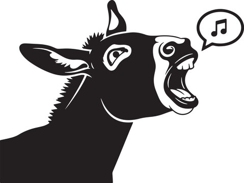 Black silhouette of donkey braying with music note in speech bubble, isolated on transparent background.