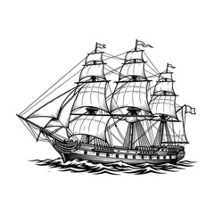 Sailing ship on the ocean with full sails, historic vessel at sea © Digi_craft