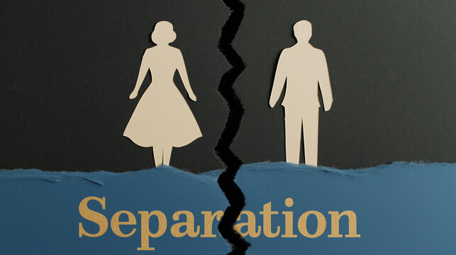 Paper cutout of woman and man separated by a jagged line on dark background. Divorce concept illustrating relationship breakdown, conflict, legal dissolution of marriage and social split.
