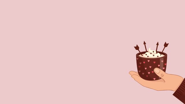 Hand Holding a Cup of Hot Drink Decorated with Cupid Arrows and Hearts