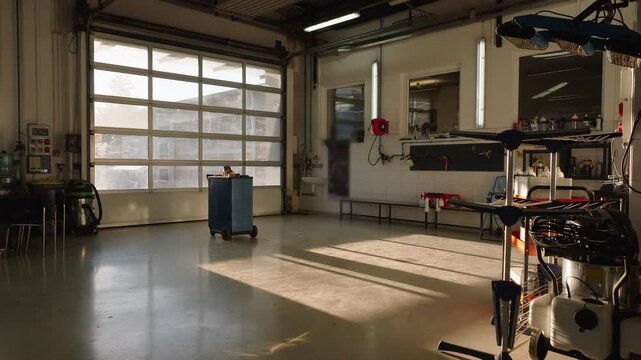 Interior of a professional car service, a workshop with a modern design, clean floors and advanced diagnostic and repair equipment, drone shot.
