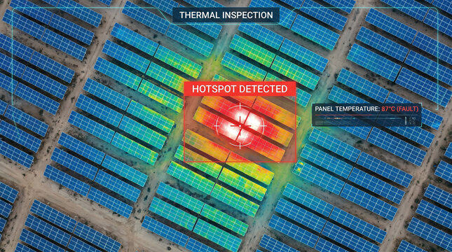 Aerial Thermal Inspection of Solar Farm Showing Hotspot Fault Detection and Temperature Analysis Overlay