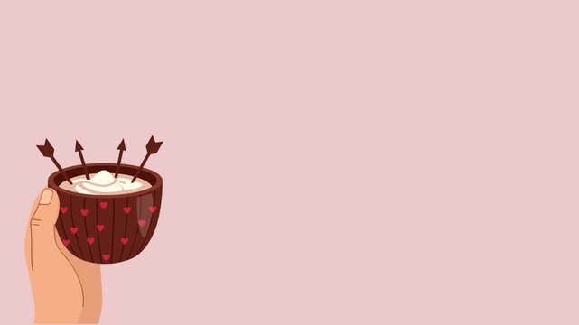 Hand Holding a Cup of Hot Drink Decorated with Cupid Arrows and Hearts