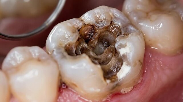 Severely damaged molar tooth macro close up with large cavity, dental problem and oral health concept, clinical detail, bright medical light, realistic detail, no logos