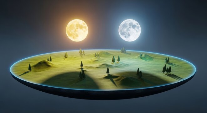 Sun and Moon over a Miniature Flat World Landscape