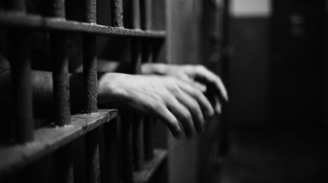 prisoner's hands behind bars with black background