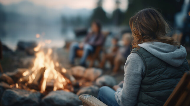 Woman sitting by a campfire at dusk. Family camping trip near a lake. People resting by a warm fire outdoors. Concept of travel, adventure, relaxation and spending time in nature.