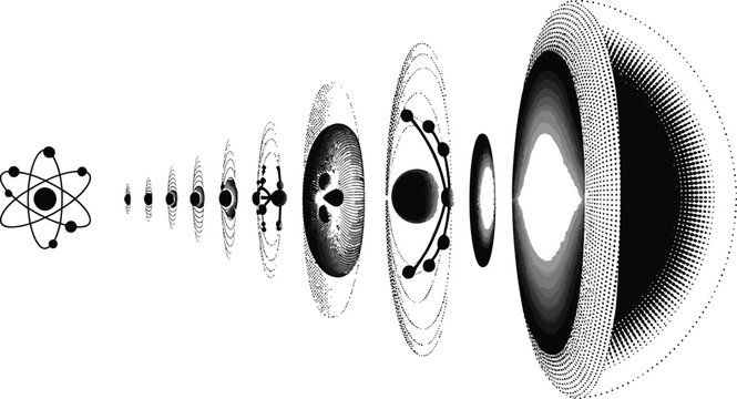 Abstract scientific illustration showing atomic structure evolving into multidimensional space concept