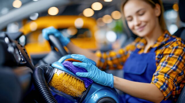 Car interior cleaning with a portable vacuum cleaner on the seat