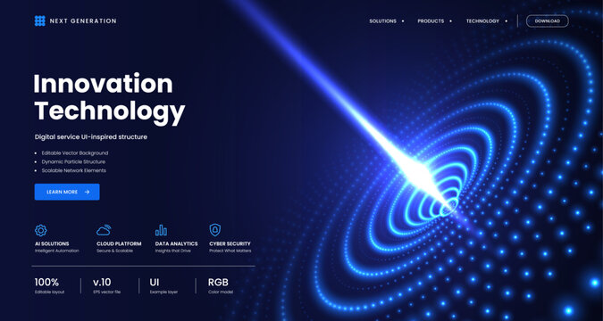 Innovation technology spiral beam background. Digital particle helix light energy concept. Futuristic AI science design. Cyber banner for business, presentation. Vector illustration.