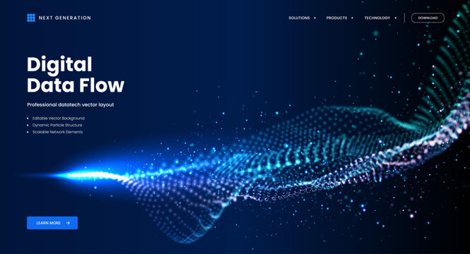 Digital data flow particle background. Teal cyan wave network concept. AI technology stream, science innovation design. Futuristic banner for business, presentation. Vector illustration.