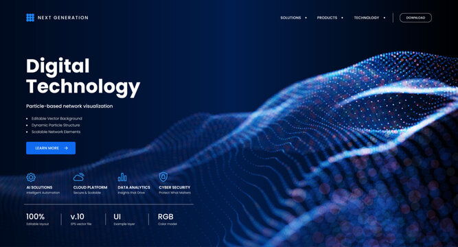 Digital technology particle background. AI neural network visualization. Big data flow, science innovation concept. Futuristic cyber banner for business design, presentation. Vector illustration.
