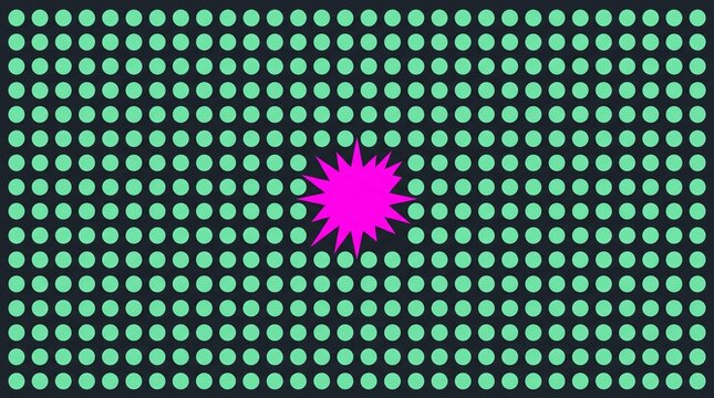 Minimalist flat vector abstract background with uniform mint green dot grid interrupted by a bright magenta starburst anomaly representing uniqueness and disruption concept