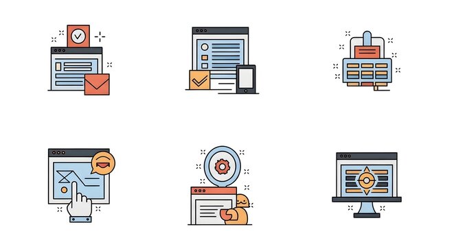 Collection of website development and user interface design icons showcasing page layout responsive design and interactive elements for web projects