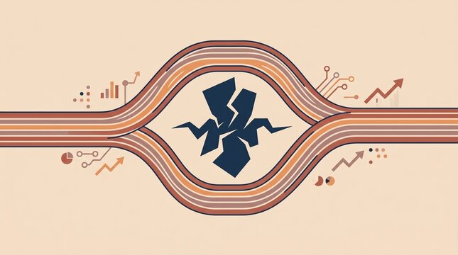 Abstract flat vector illustration of parallel colored lines bypassing a central crack or disruption representing risk management and business continuity on a light background