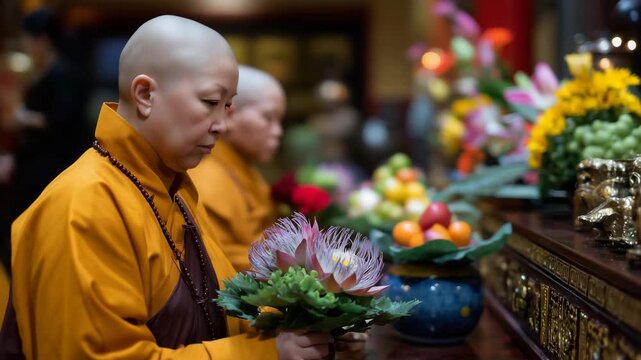 Buddhist nuns arranging lotus flowers and fruit offerings on monastery altar, saffron robes against dark wood and gold details, morning devotional preparation, perfect for spiritua