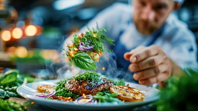 Professional chef finishing a gourmet dish with fresh basil and citrus