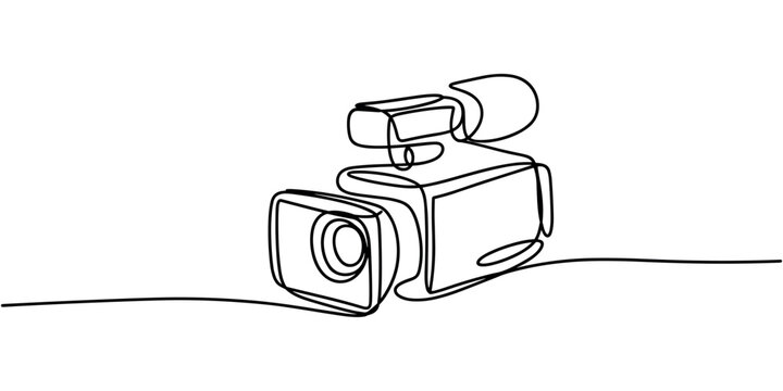 Black continuous line of a camera on a white background recording filming cinema