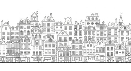 Fototapeta premium Seamless Pattern of Parisian Buildings in Black and White Sketch Style.