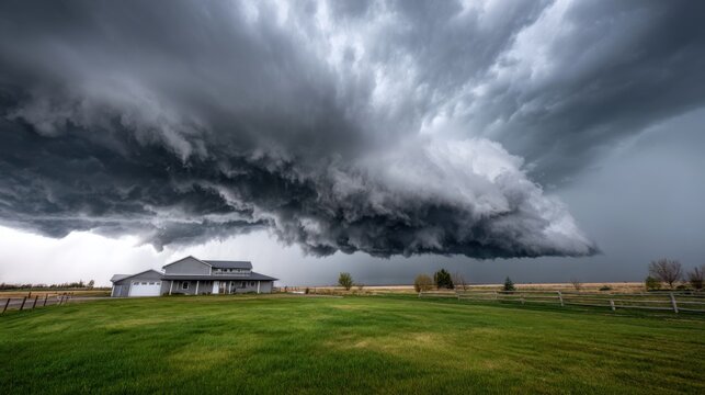 Dramatic Storm Clouds Approaching Rural Landscape with Green Grass
